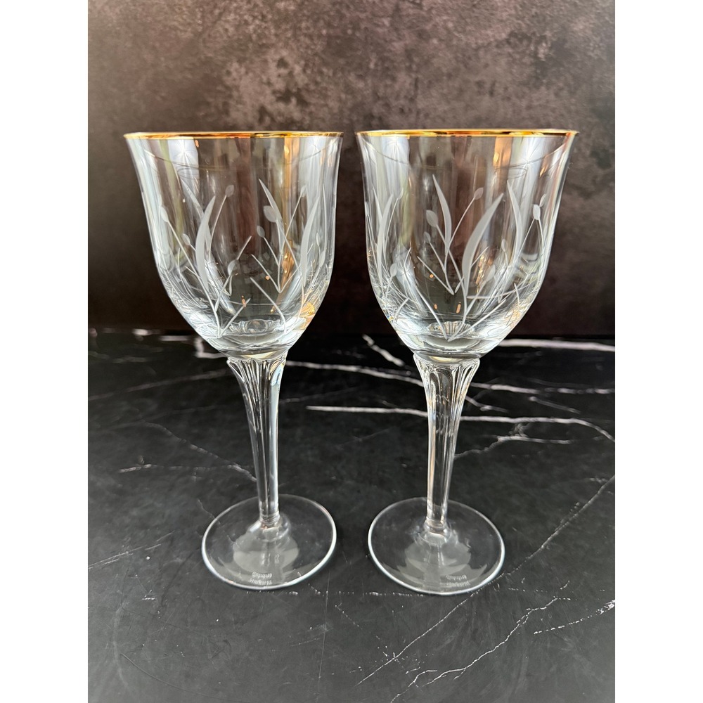 VTG PAIR (2) Waterford Melodia Floral Etched Wine Glasses 7 1/2in Tall